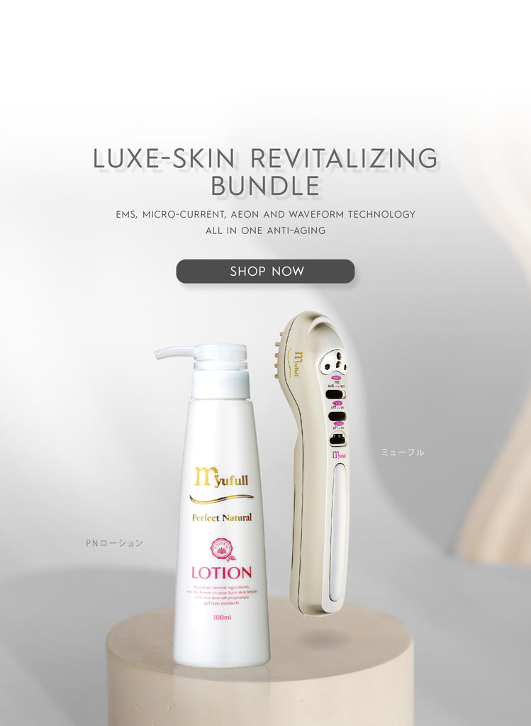 Luxe-Skin Anti-Aging Device by Myufull at Oo Spa, featuring advanced EMS, Waveform, Microcurrent, and AEON technologies. Designed to reduce fine lines and wrinkles, stimulate collagen production, and lift sagging skin for a youthful, firm complexion.